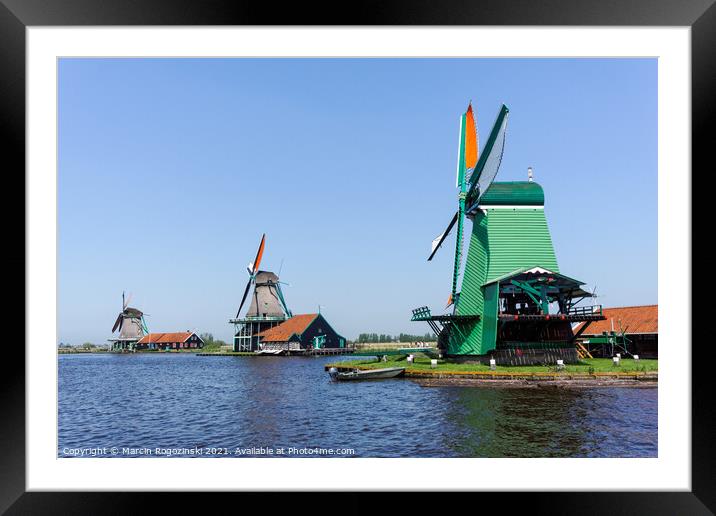 Dutch windmills at Zaanse Schans in Netherlands Framed Mounted Print by Marcin Rogozinski