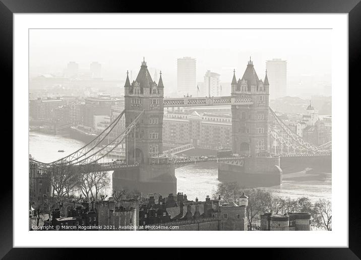 Tower Bridge on a foggy morning in London Framed Mounted Print by Marcin Rogozinski