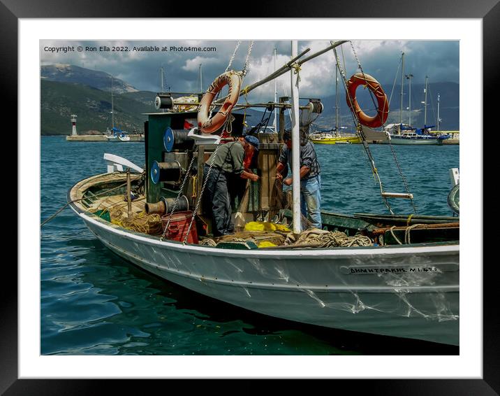 Repairing Nets by the Harbourside Framed Mounted Print by Ron Ella