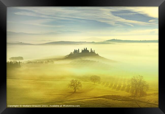 Farmland in a Foggy Morning, Tuscany Framed Print by Stefano Orazzini