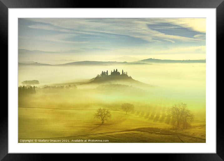 Farmland in a Foggy Morning, Tuscany Framed Mounted Print by Stefano Orazzini