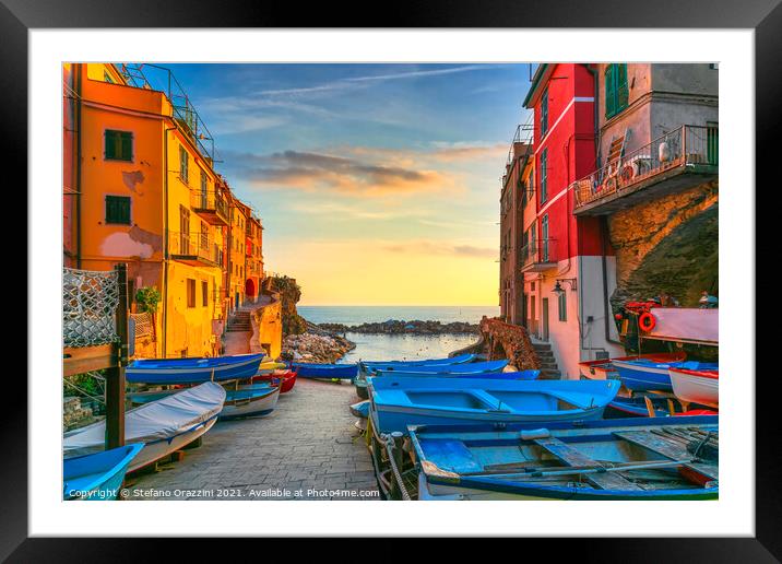 Boats in Riomaggiore. Cinque Terre Framed Mounted Print by Stefano Orazzini