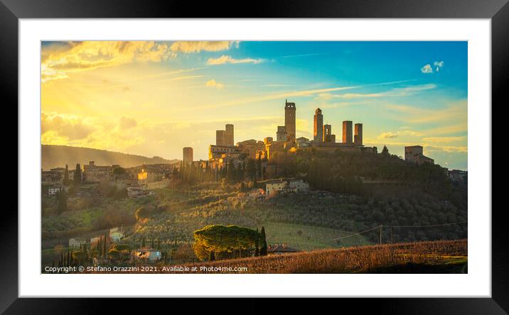 San Gimignano Skyline at Sunset Framed Mounted Print by Stefano Orazzini