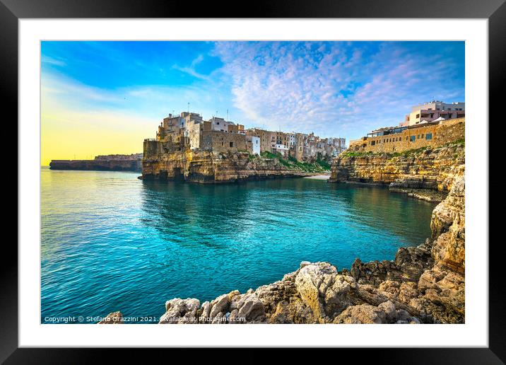 Polignano a Mare village at sunrise, Puglia, Italy Framed Mounted Print by Stefano Orazzini