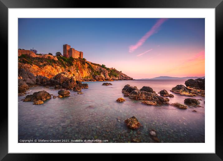 Talamone medieval fortress at sunset. Tuscany Framed Mounted Print by Stefano Orazzini