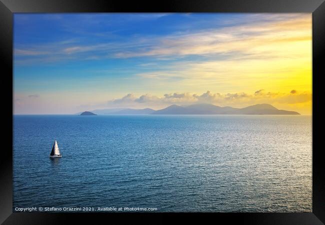 Elba island sunset view and sail boat Framed Print by Stefano Orazzini