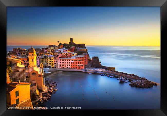 Vernazza village, aerial view at sunset. Cinque Terre, Liguria Framed Print by Stefano Orazzini