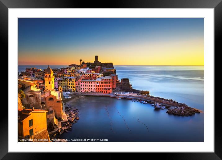 Vernazza village, aerial view at sunset. Cinque Terre, Liguria Framed Mounted Print by Stefano Orazzini