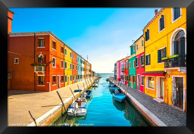 Burano island canal, colorful houses and boats, Venice Framed Print by Stefano Orazzini