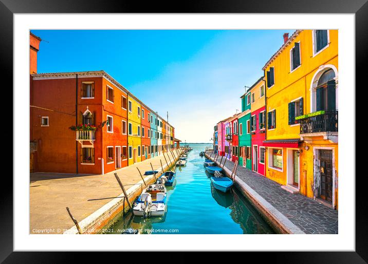 Burano island canal, colorful houses and boats, Venice Framed Mounted Print by Stefano Orazzini