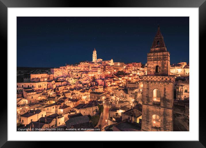 Matera ancient town i Sassi night view, Italy Framed Mounted Print by Stefano Orazzini