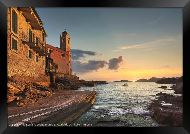 Tellaro village, church and boat at sunset. Liguria Framed Print by Stefano Orazzini