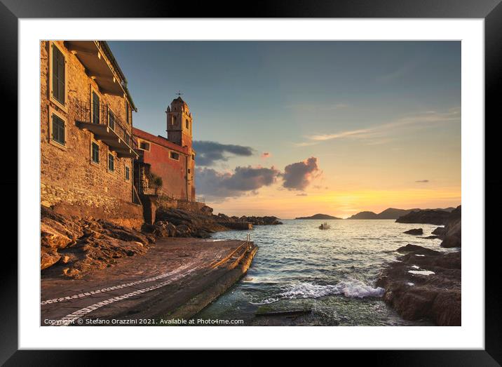 Tellaro village, church and boat at sunset. Liguria Framed Mounted Print by Stefano Orazzini