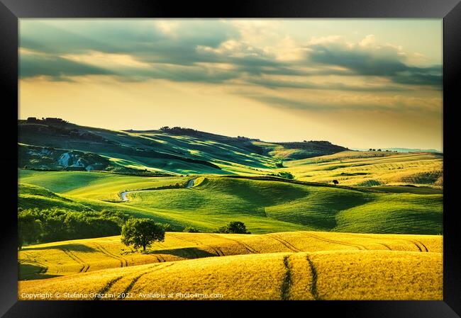 Tuscany, rolling hills and wheat fields in Val d'Orcia  Framed Print by Stefano Orazzini