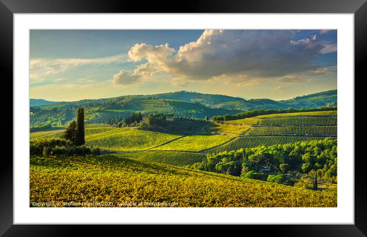 Panzano in Chianti vineyards at sunset. Tuscany, Italy Framed Mounted Print by Stefano Orazzini