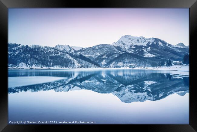 Gramolazzo iced lake and snow in Apuan mountains. Tuscany Framed Print by Stefano Orazzini