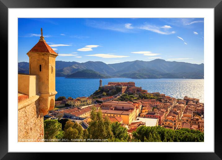 Elba island, Portoferraio view. Lighthouse and medieval fort. Italy Framed Mounted Print by Stefano Orazzini