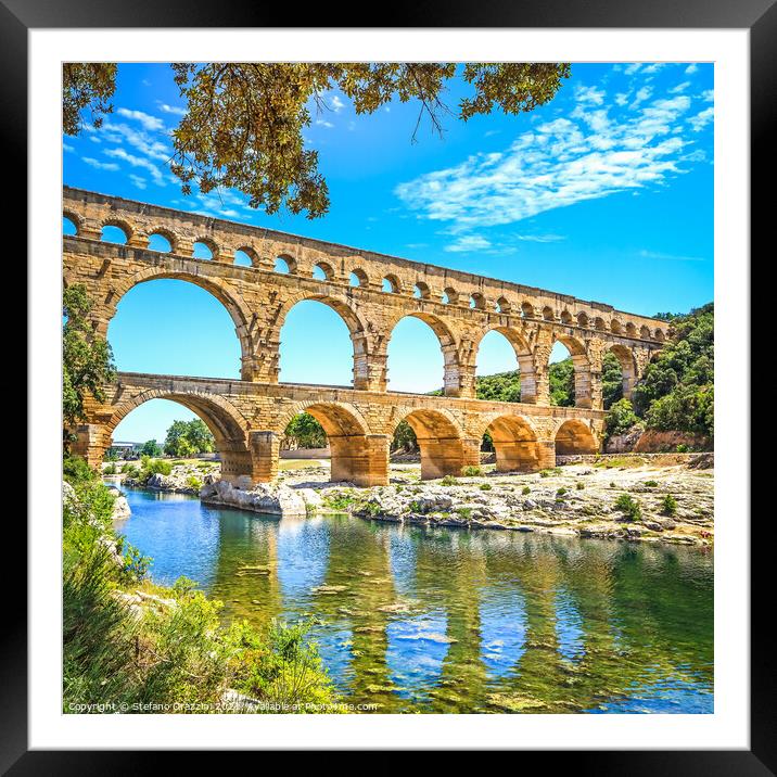 Roman aqueduct Pont du Gard, Unesco site. Languedoc, France. Framed Mounted Print by Stefano Orazzini