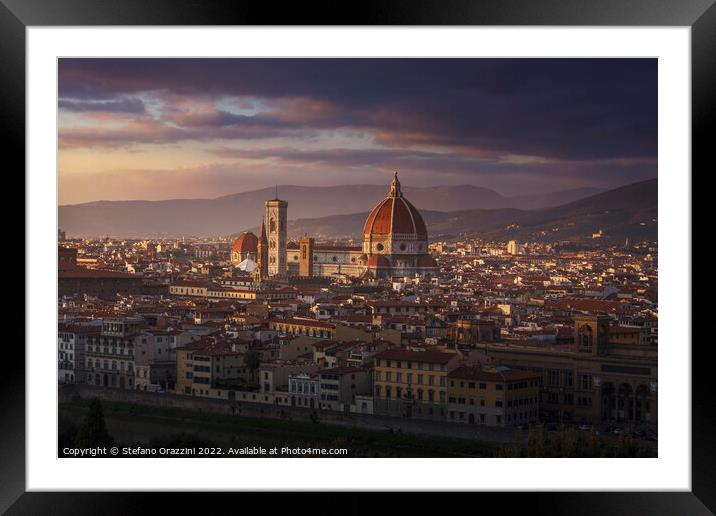 Florence, Duomo Cathedral landmark. Sunset view. Framed Mounted Print by Stefano Orazzini