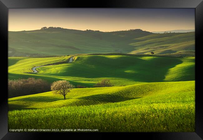 Springtime in Tuscany, rolling hills and trees. Pienza, Italy Framed Print by Stefano Orazzini