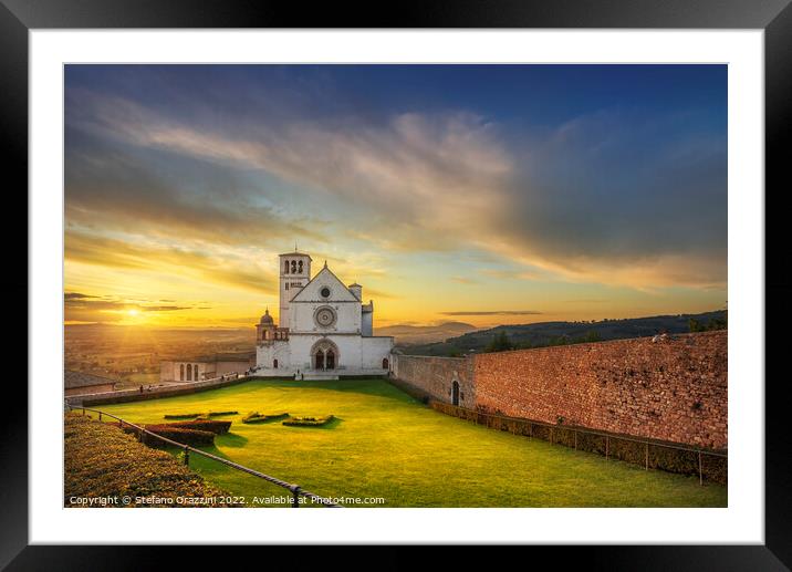 Assisi, San Francesco Basilica church at sunset. Umbria, Italy. Framed Mounted Print by Stefano Orazzini