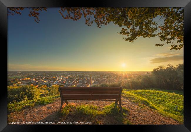Bench and Pietrasanta panoramic view at sunset, Versilia, Lucca, Framed Print by Stefano Orazzini