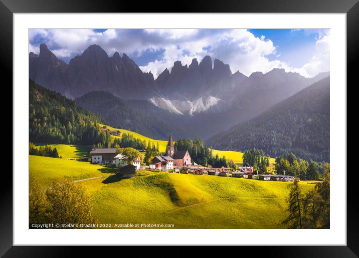 Dolomites Alps, Santa Magdalena village and Odle mountains Framed Mounted Print by Stefano Orazzini