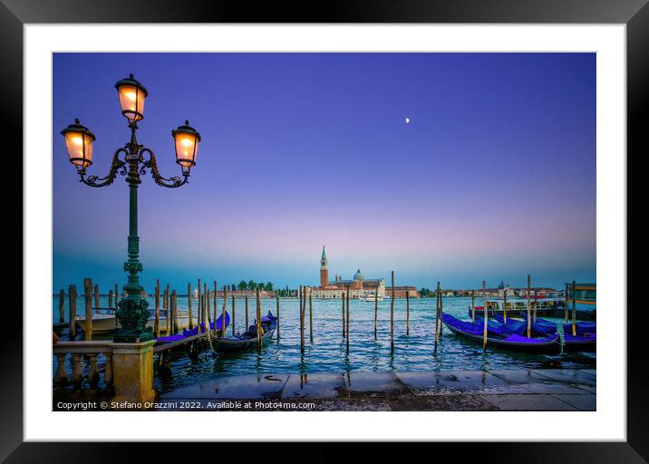 Venice, street lamp and gondolas. Italy Framed Mounted Print by Stefano Orazzini