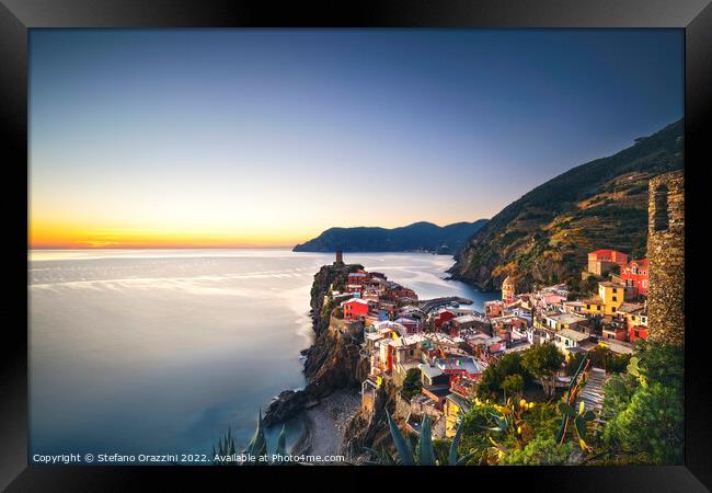 Vernazza village, aerial view at sunset. Cinque Terre, Italy Framed Print by Stefano Orazzini