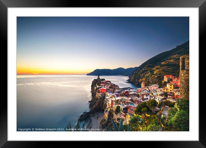 Vernazza village, aerial view at sunset. Cinque Terre, Italy Framed Mounted Print by Stefano Orazzini