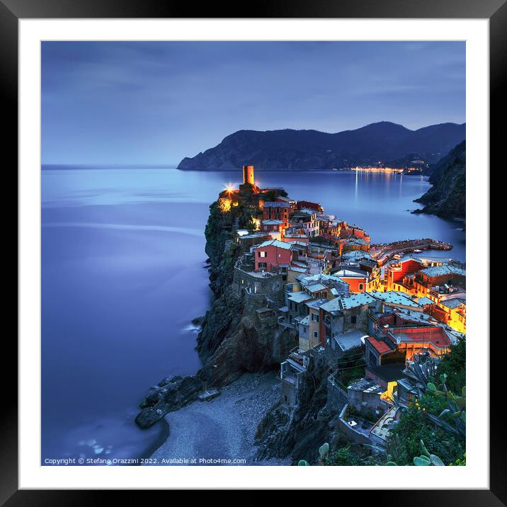 Vernazza village, aerial view at sunset. Cinque Terre, Ligury Framed Mounted Print by Stefano Orazzini