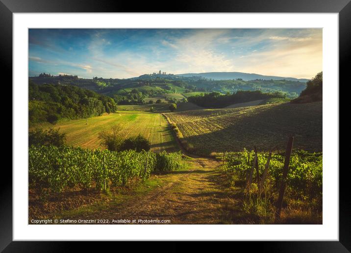 Panoramic view of chianti and vernaccia vineyards. San Gimignano Framed Mounted Print by Stefano Orazzini