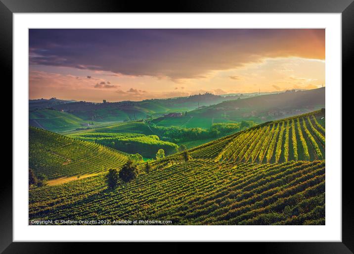 Langhe vineyards at sunrise. Neive, Piedmont. Framed Mounted Print by Stefano Orazzini