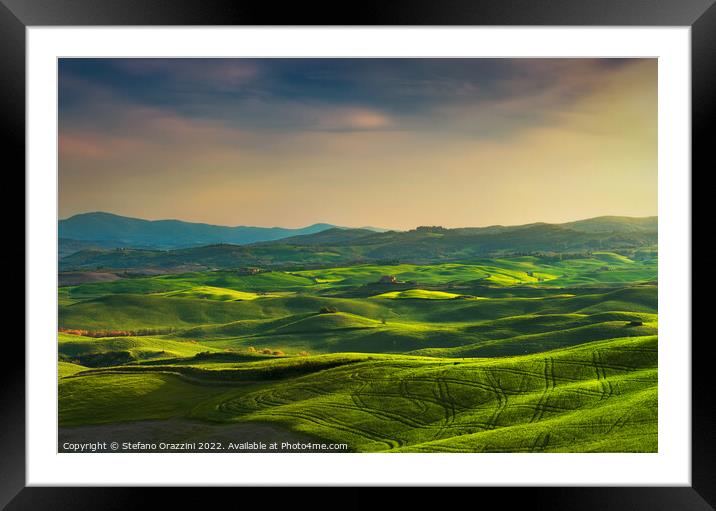 Springtime in Tuscany, rolling hills at sunset. Volterra. Framed Mounted Print by Stefano Orazzini