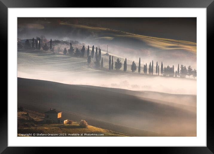 Foggy morning in Tuscany. Val d'Orcia, Pienza, Italy Framed Mounted Print by Stefano Orazzini