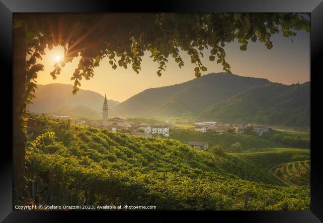 Prosecco Hills, vineyards and Guia village at dawn. Unesco Site. Framed Print by Stefano Orazzini