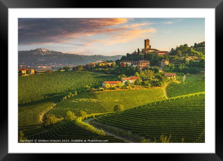 Barbaresco village and Langhe vineyards, Piedmont, Italy. Framed Mounted Print by Stefano Orazzini