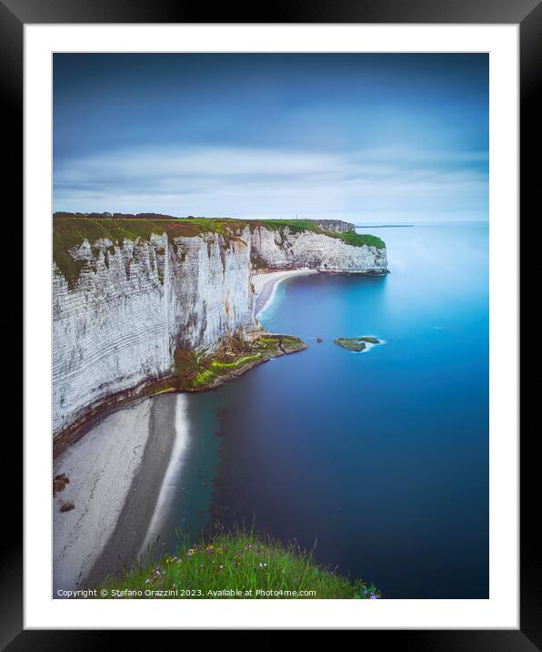 Etretat coast, rocky cliff and beach. Aerial view. Normandy, Fra Framed Mounted Print by Stefano Orazzini