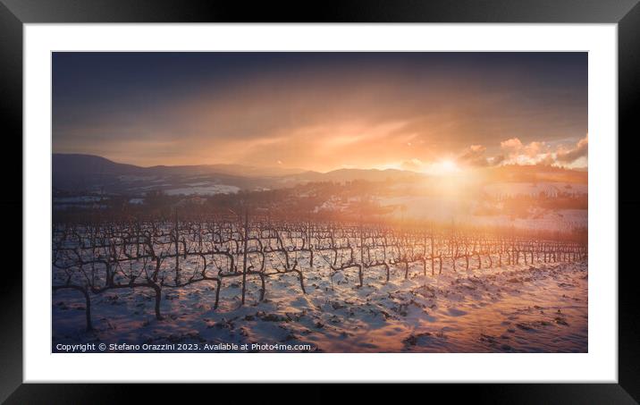 Snow in the vineyards of Chianti at sunset near Siena, Italy Framed Mounted Print by Stefano Orazzini