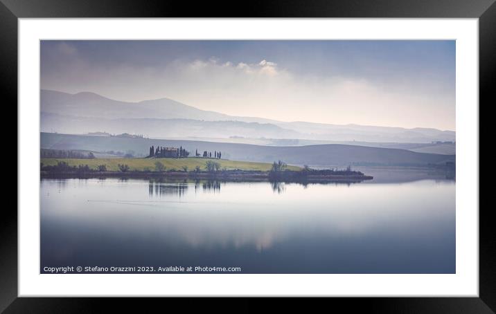Lake Santa Luce view in a misty morning. Tuscany, Italy Framed Mounted Print by Stefano Orazzini