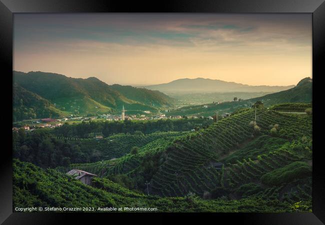 Prosecco Hills, vineyards and Guia village at sunset. Framed Print by Stefano Orazzini