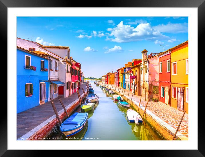 Burano island canal, colorful houses and boats. Venice lagoon Framed Mounted Print by Stefano Orazzini