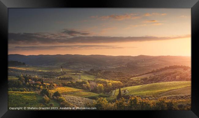 Panzano in Chianti landscape at sunset. Tuscany, Italy Framed Print by Stefano Orazzini