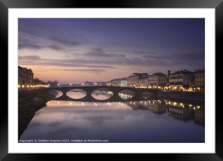 Carraia medieval Bridge on Arno river at sunset. Florence, Italy Framed Mounted Print by Stefano Orazzini