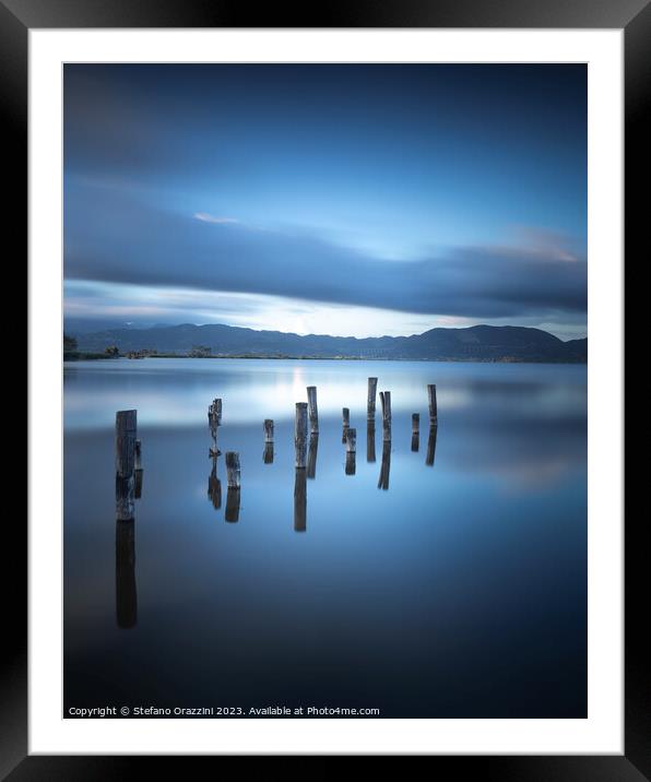 Wooden pier remains. Lake Massaciuccoli. Torre del Lago Puccini, Framed Mounted Print by Stefano Orazzini