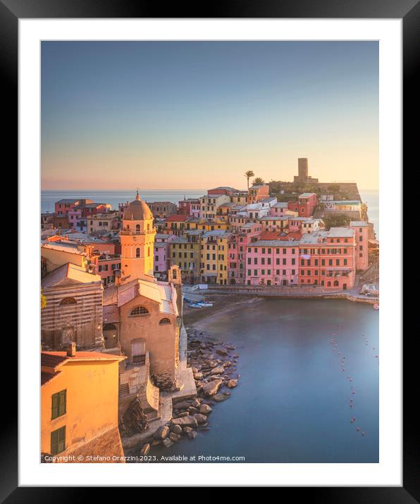 Vernazza village, view at sunset. Cinque Terre, Liguria, Italy Framed Mounted Print by Stefano Orazzini