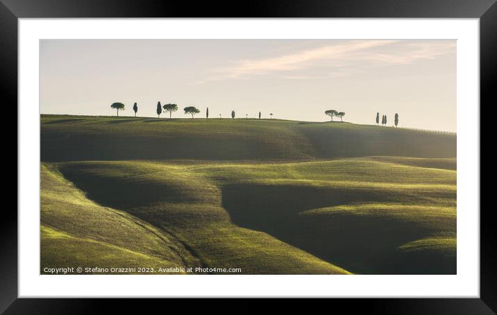 Rolling hills, cypress and pine trees. Tuscany, Italy Framed Mounted Print by Stefano Orazzini