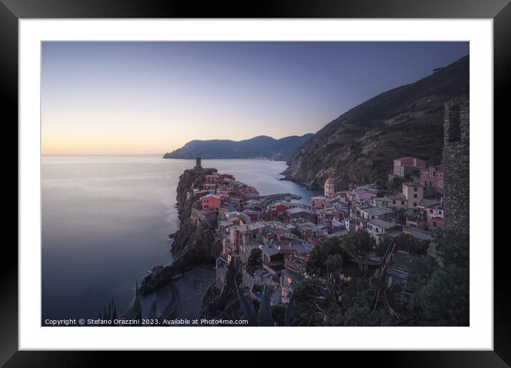 Blue hour over Vernazza village, view after sunset. Cinque Terre Framed Mounted Print by Stefano Orazzini