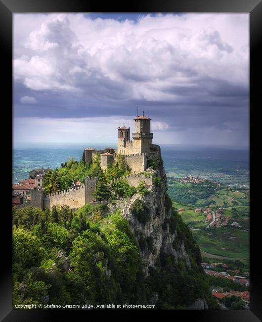 San Marino, Guaita tower on the Titano mount and view of Romagna Framed Print by Stefano Orazzini