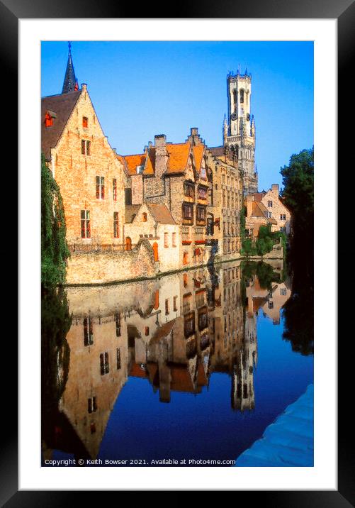 Reflection of Bruges Belfry  Framed Mounted Print by Keith Bowser